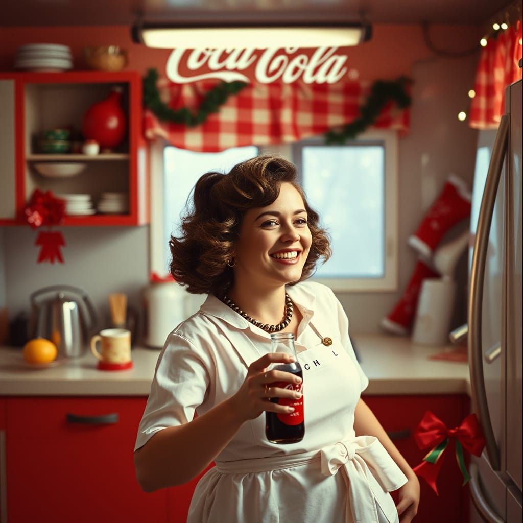 Retro 80s Coca-Cola Ad: Happy Woman in Holiday Kitchen