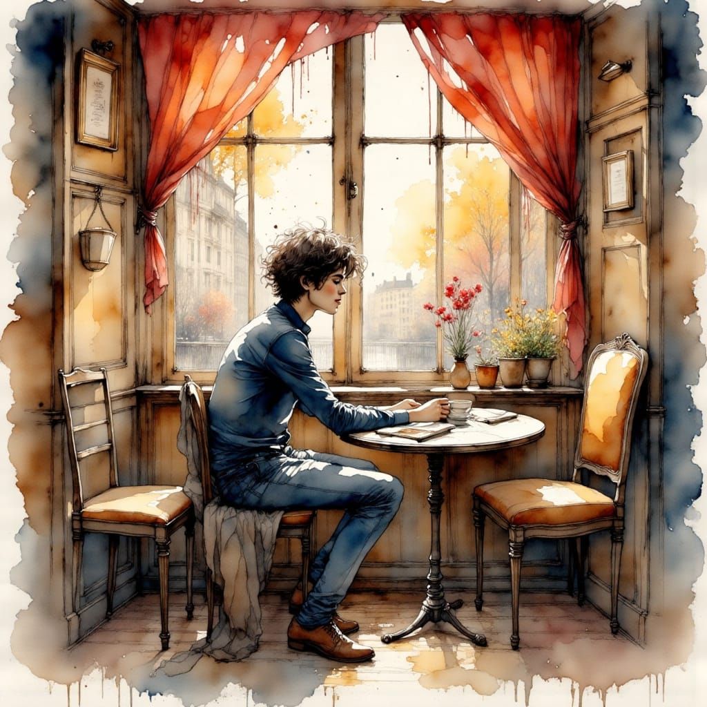 Parisian Morning Scene in Watercolor and Ink Style