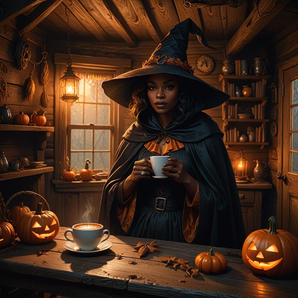 Surreal Witch Sips Coffee in Haunted Cabin