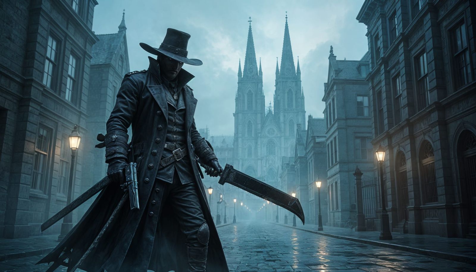 Bloodborne Hunter on Victorian Gothic Street
