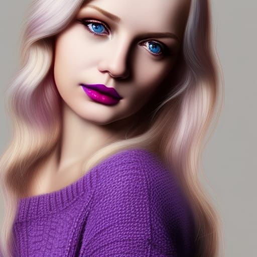 Young lady with long blonde hair& Blue eyes & lilac eyeshadow& dark red lipstick& wearing a beautiful purple sweater& ov...