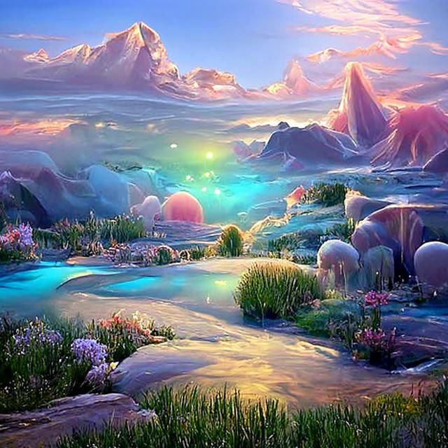 Pastel Alien Landscape with Floating Stars