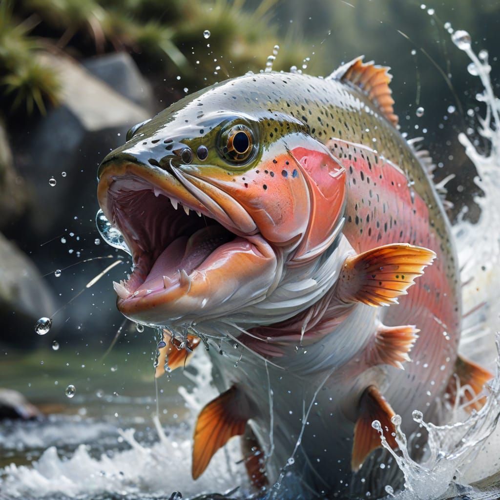 Rainbow Trout Thrashing in Water - Macro Shot