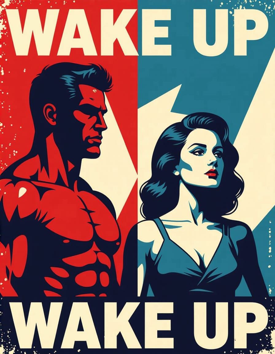 Revolutionary Poster with Powerful Figures in Red and Blue