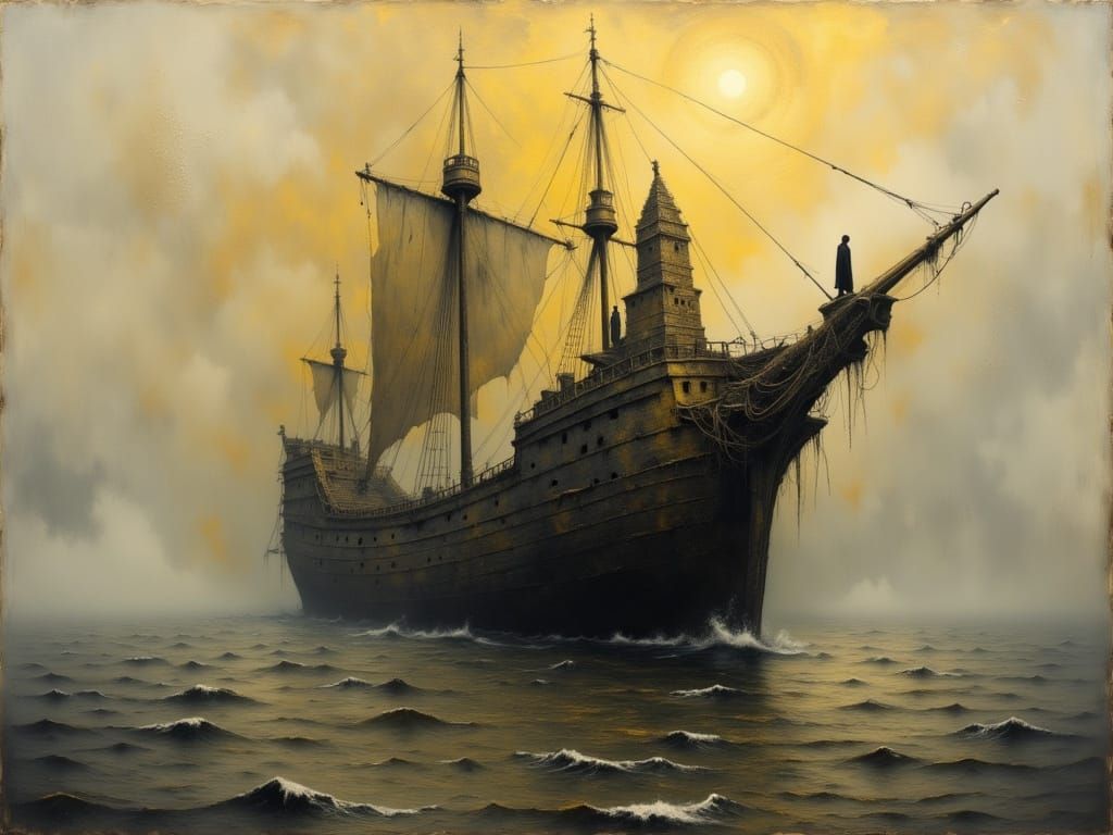 Majestic Abandoned Ship in Twilight Fog