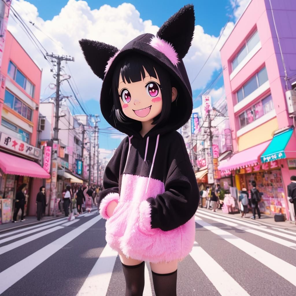 Kuromi in Vibrant Tokyo Streets - Kawaii Anime Style