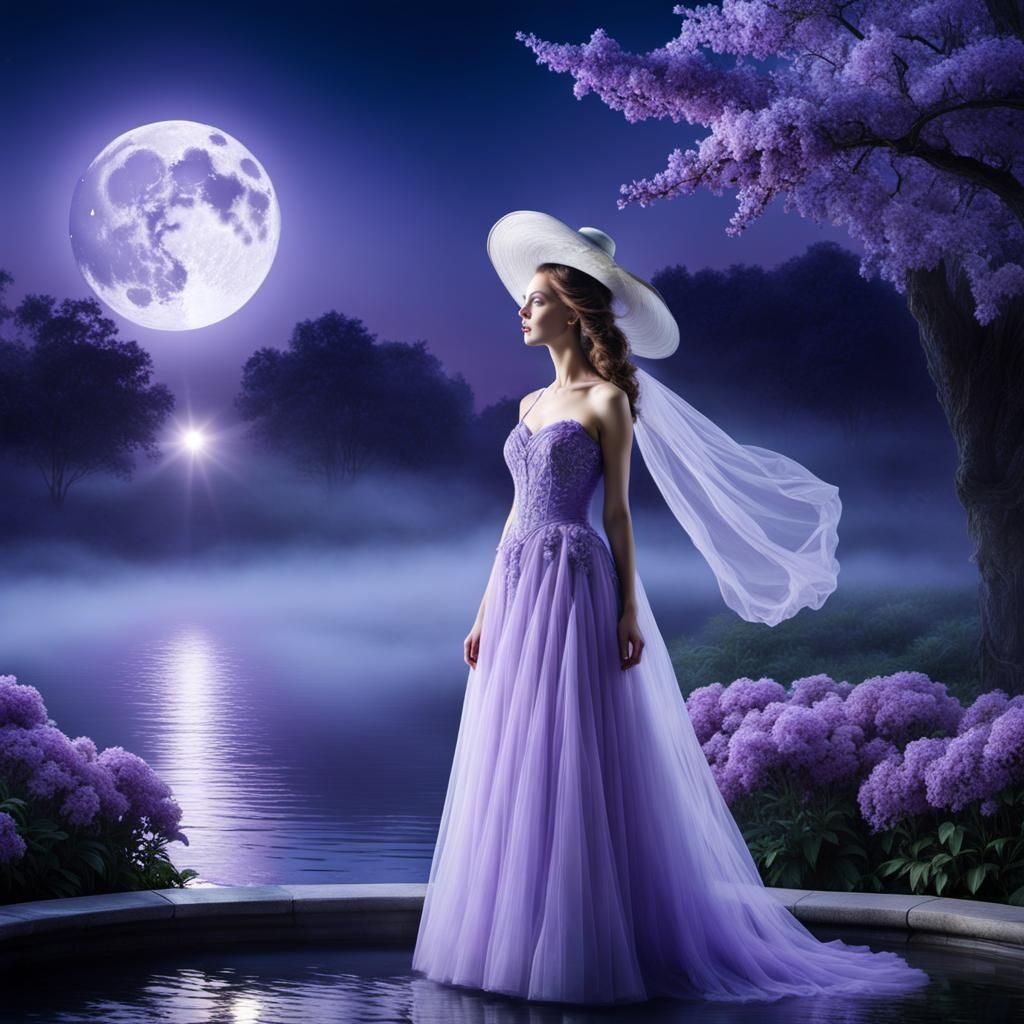 Ethereal Woman in Moonlight with Lilac Tulle
