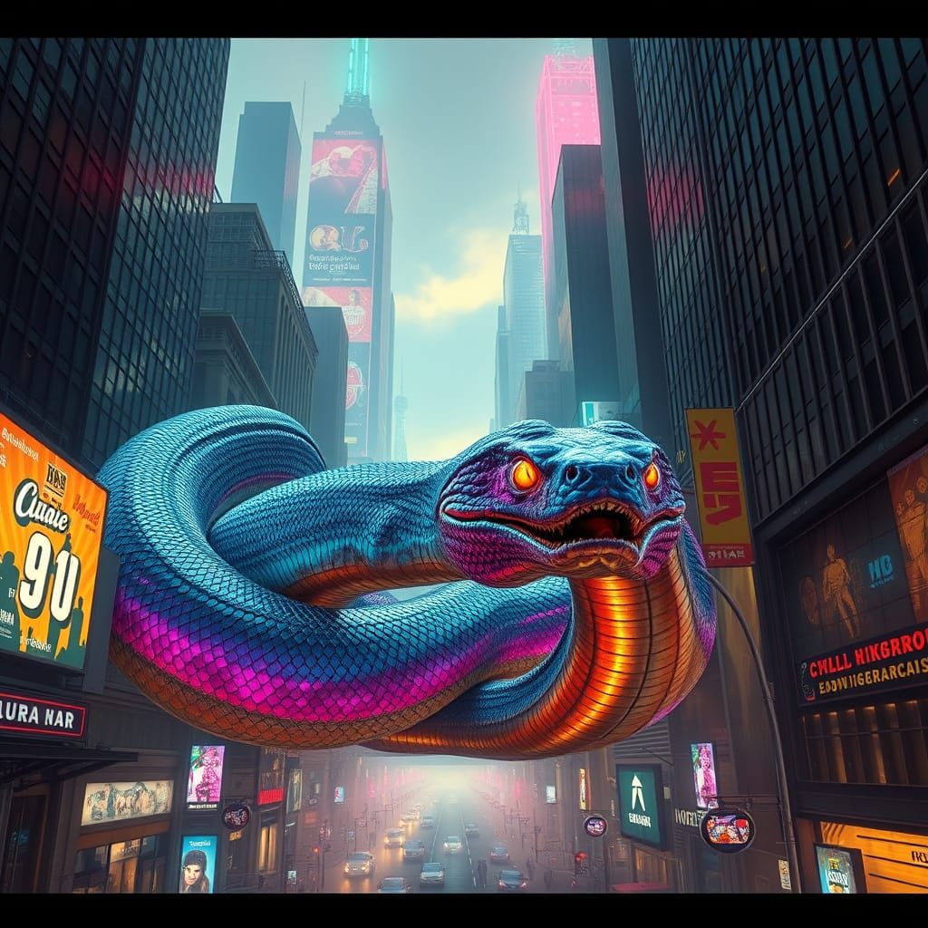 Gigantic Neon Anaconda Entwines Cyberpunk Metropolis