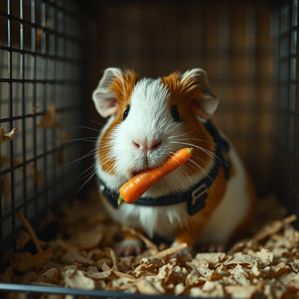 Hyperrealistic Guinea Pig Chewing Carrot in Cozy Cage