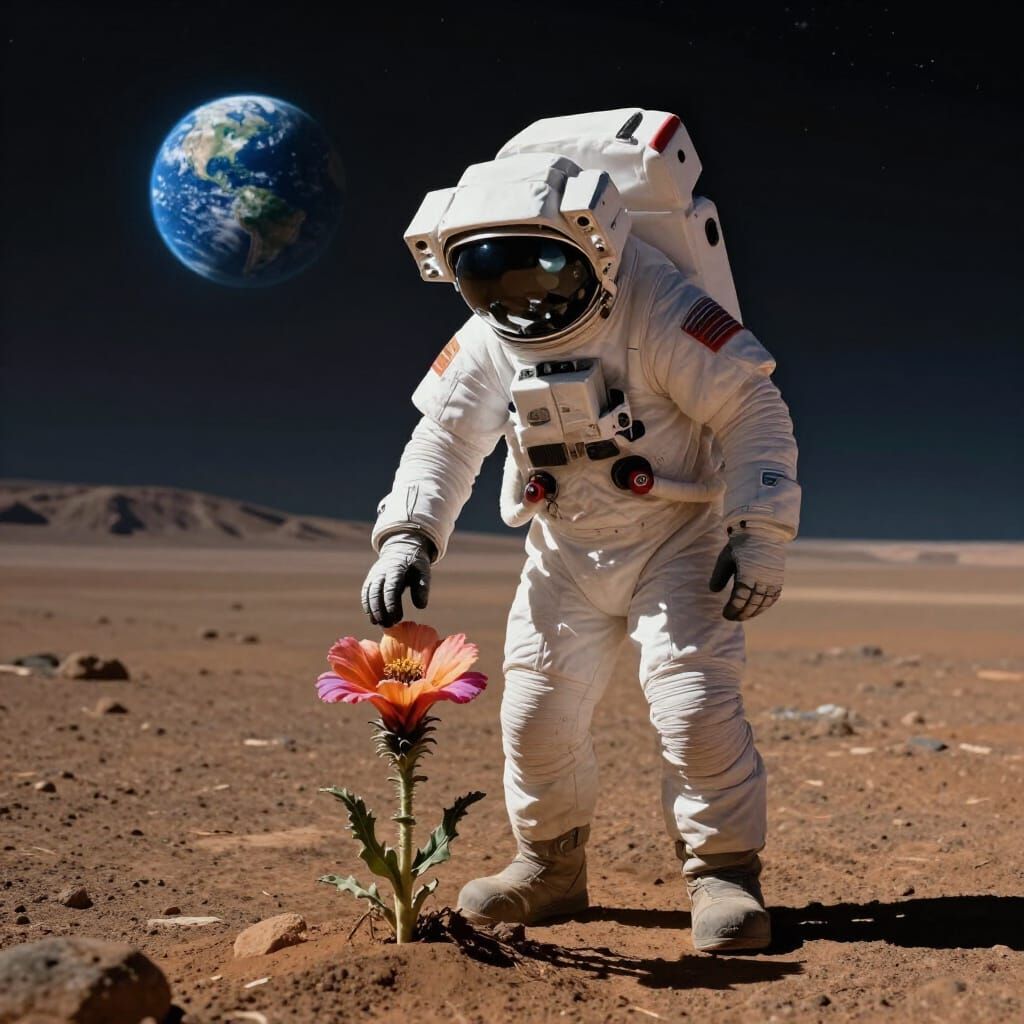 Astronaut Plants Alien Flower on Mars, Earth in Sky