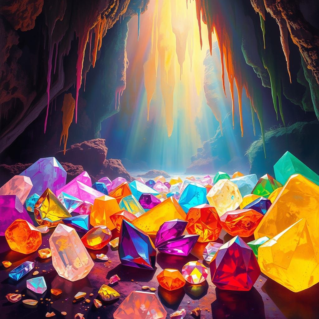 Vibrant Rainbow Gemstones in a Mystical Cavern