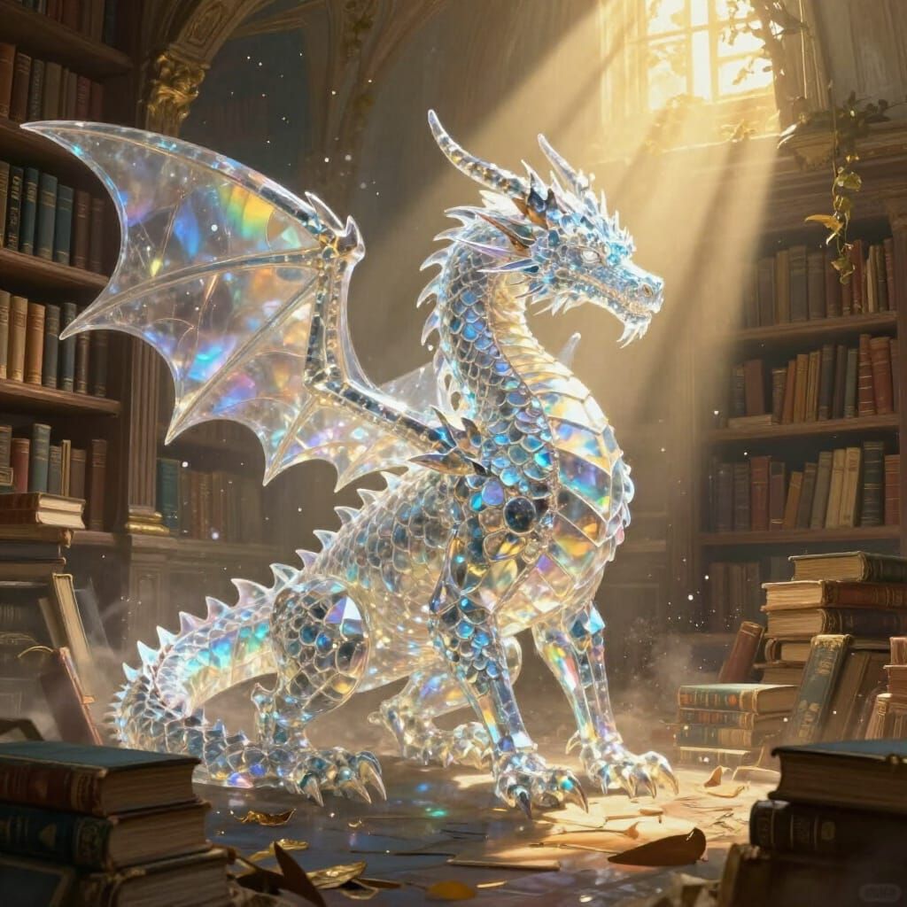 Crystalline Dragon Awakens in Sunlit Overgrown Library