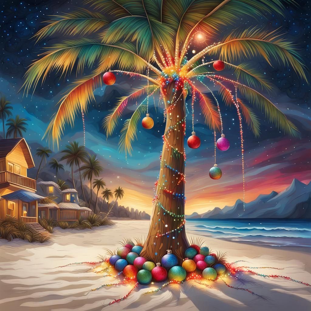 Christmas Palm Tree on Snowy Beach, Cel-Shaded