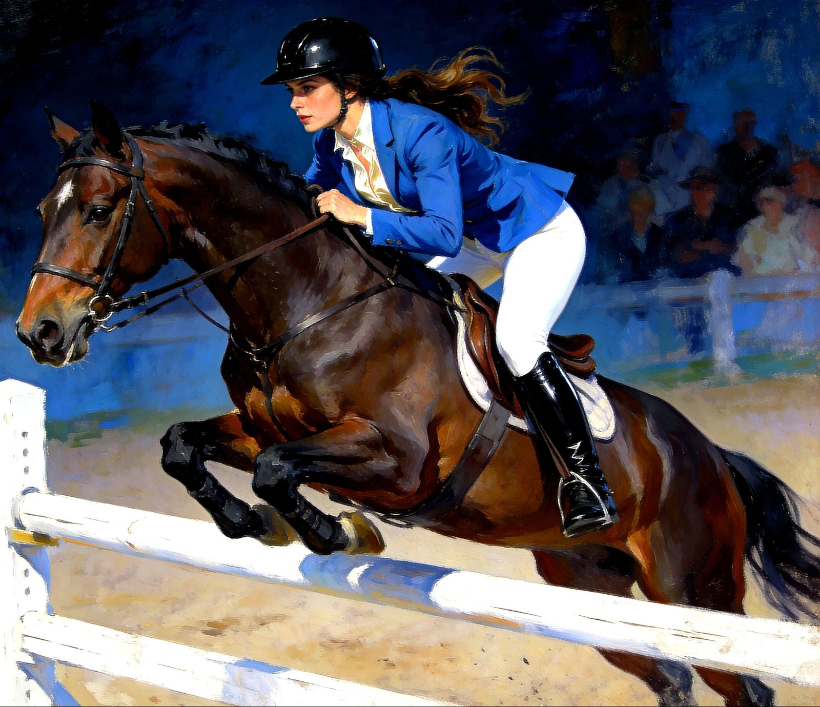 Show Jumper Woman Leaps Fence in Oil Painting Style