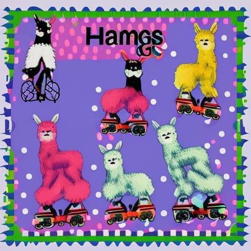 Llamas on Roller Skates Postage Stamp Art