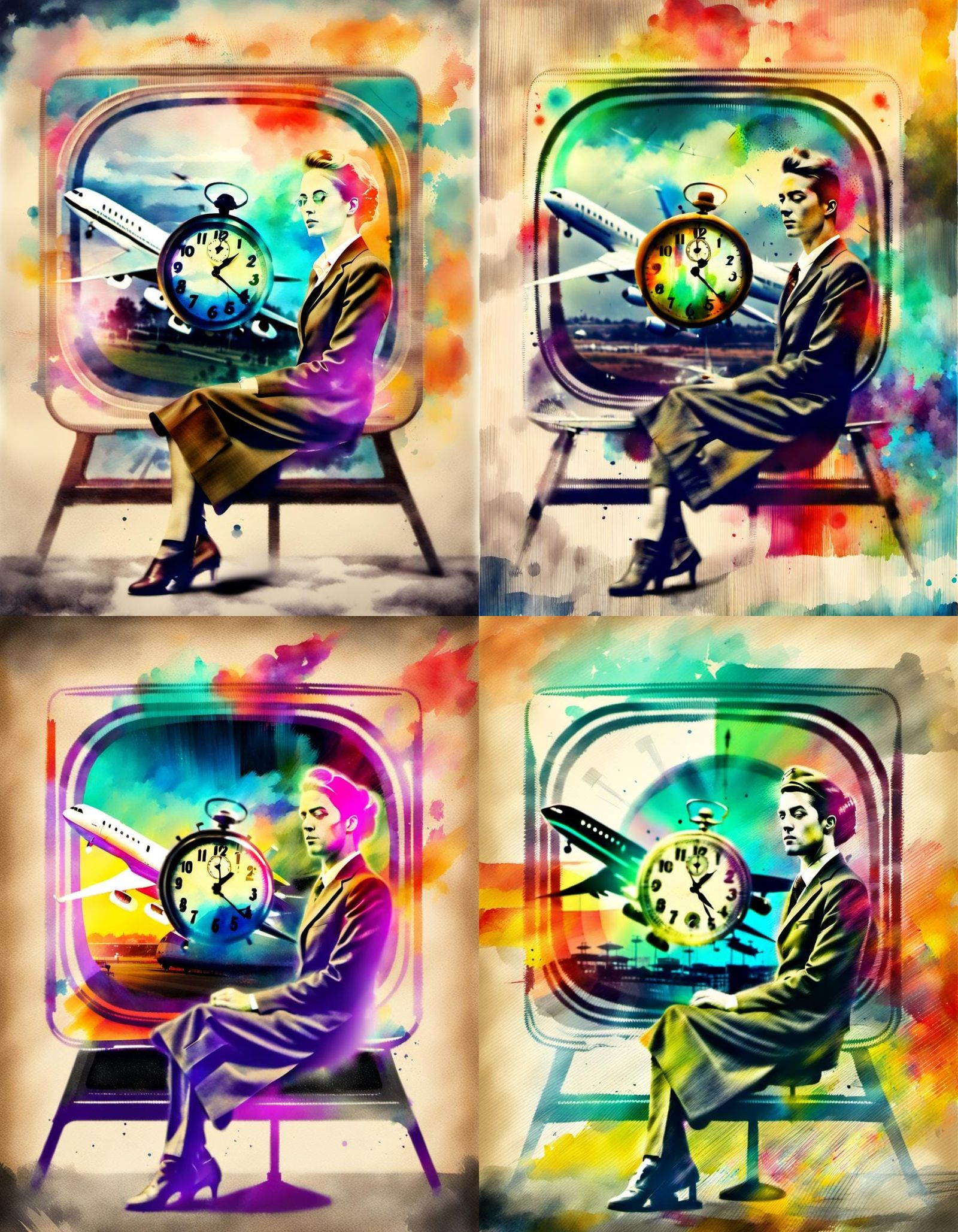 Retro Airport Clock Double Exposure in Watercolour