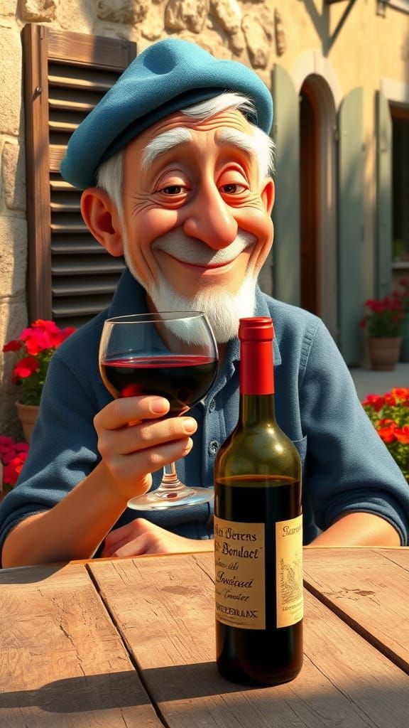 French Grandpère Sips Bordeaux in Sun-Drenched Countryside