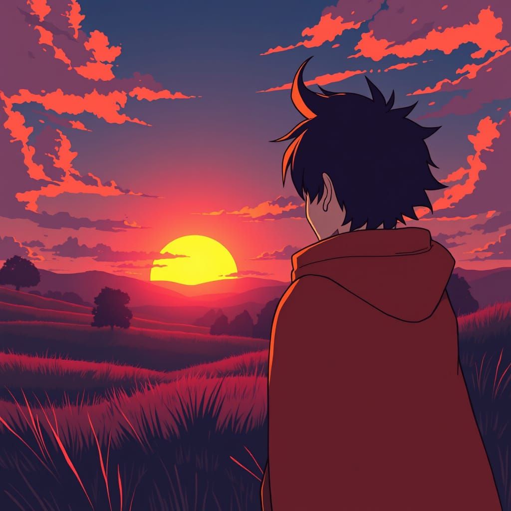 Anime Sunset Goddess Frieren Amidst Vibrant Landscape