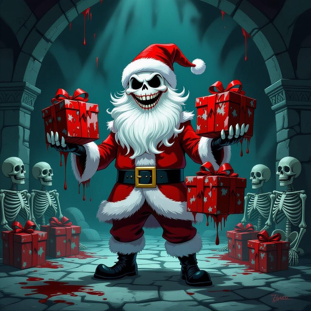 Jack Skellington as Santa in a Crypt Holding Horror Presents