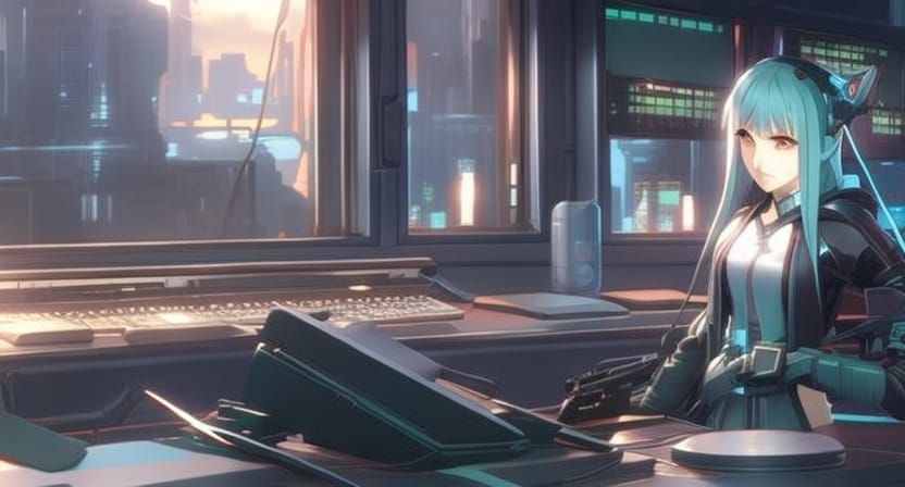 Anime Cyberpunk Girl at Desk with Laptop