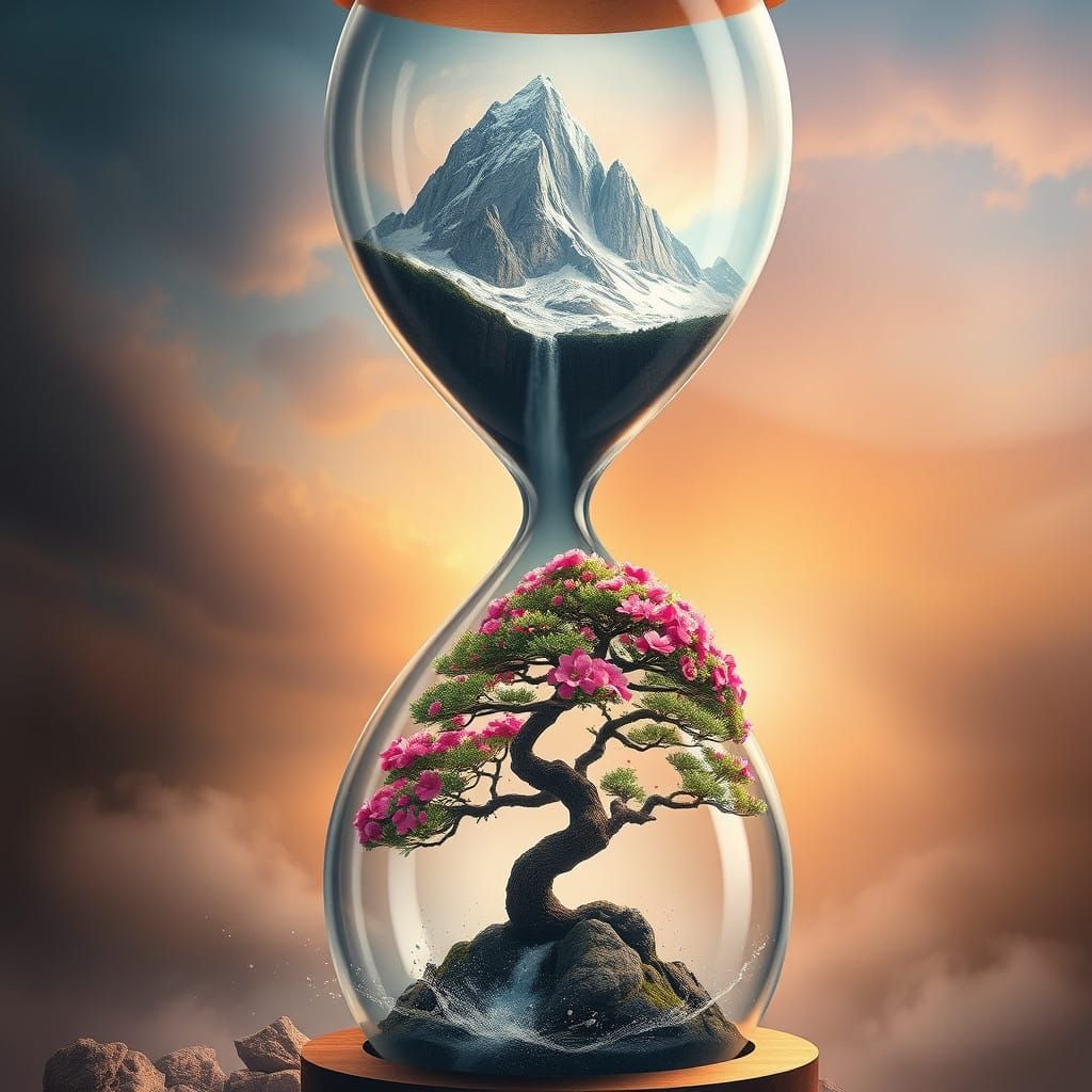 Dramatic Mountain Waterfall with Vibrant Bonsai