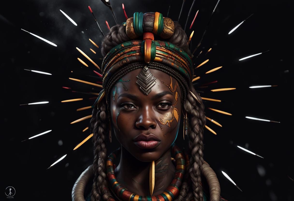 African Female Warrior with Javelin in Splash Art