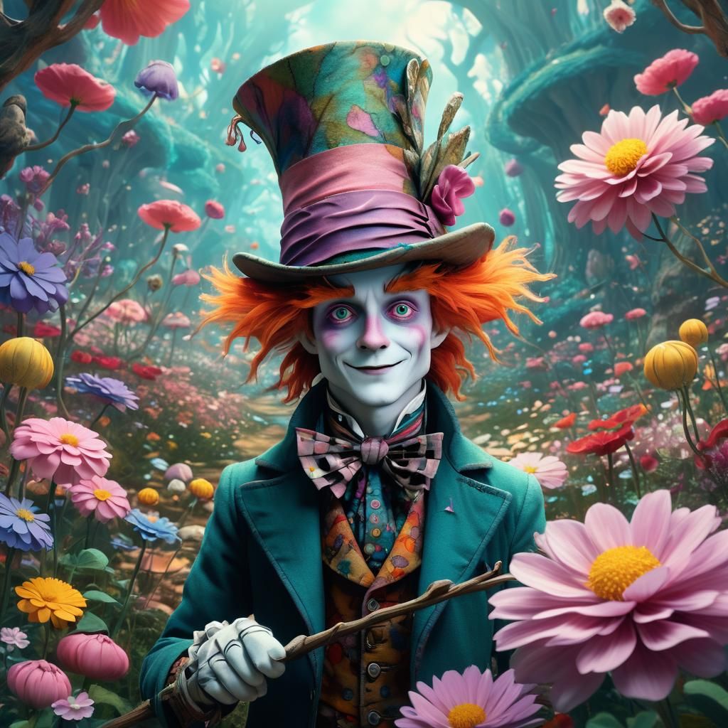 Mad Hatter in Whimsical Floral Fantasy Landscape
