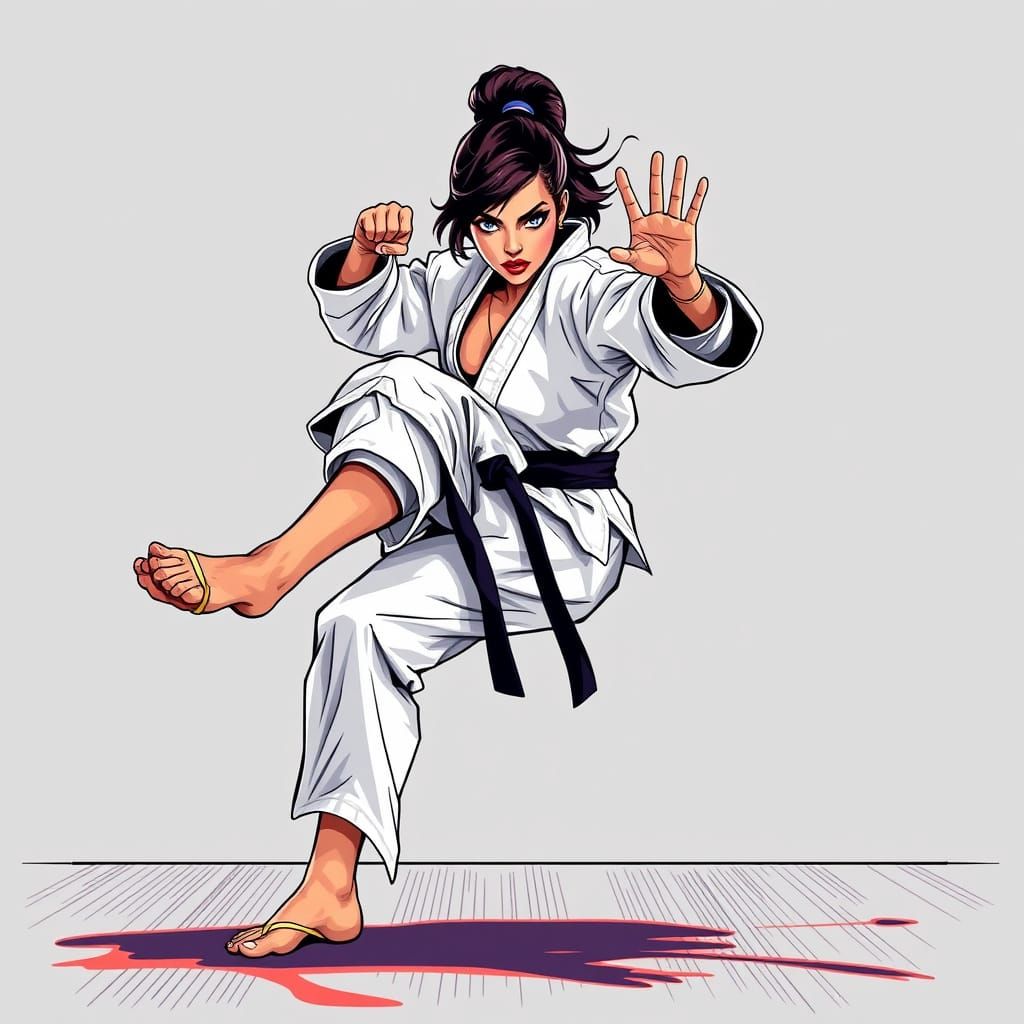Dynamic Martial Artist Mid-Kick in Graphic Novel Style