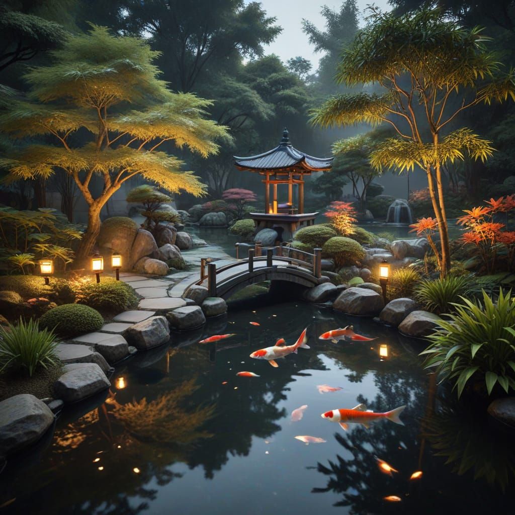 Serene Japanese Garden with Koi Pond, Digital Painting
