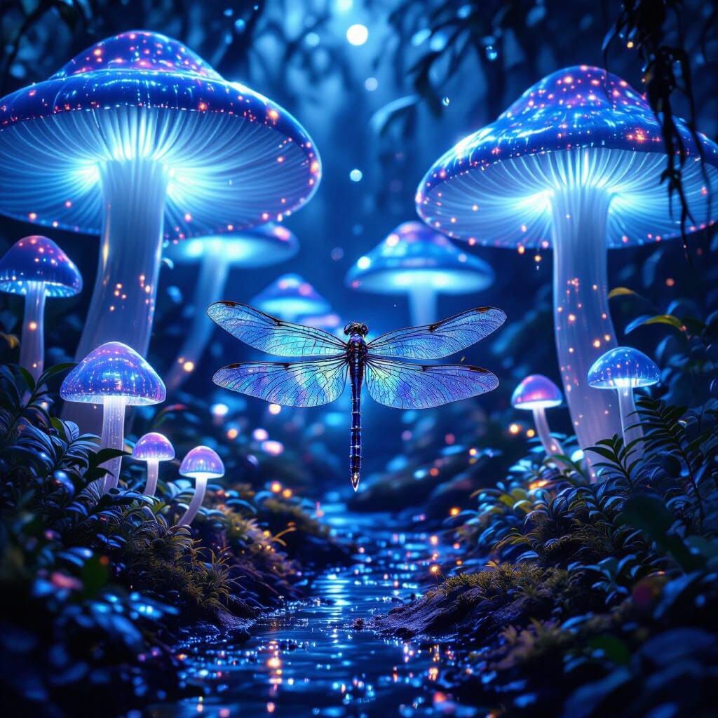 Bioluminescent Rainforest With Crystal Mushrooms