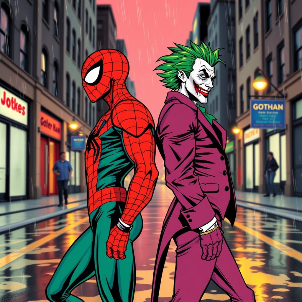 Spiderman and Joker in Gotham: Comic Book Art