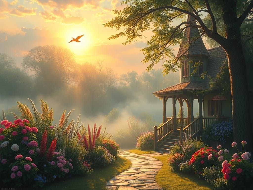 Ethereal Garden Scene with Sunlit Mist