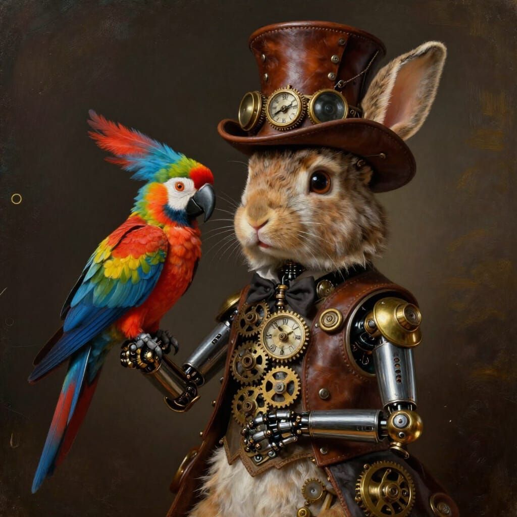 Steampunk Rabbit With Parrot in Ornate Oil Painting Style