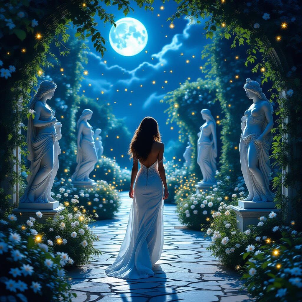 Moonlit Garden with Greek Statues in Photorealistic Style