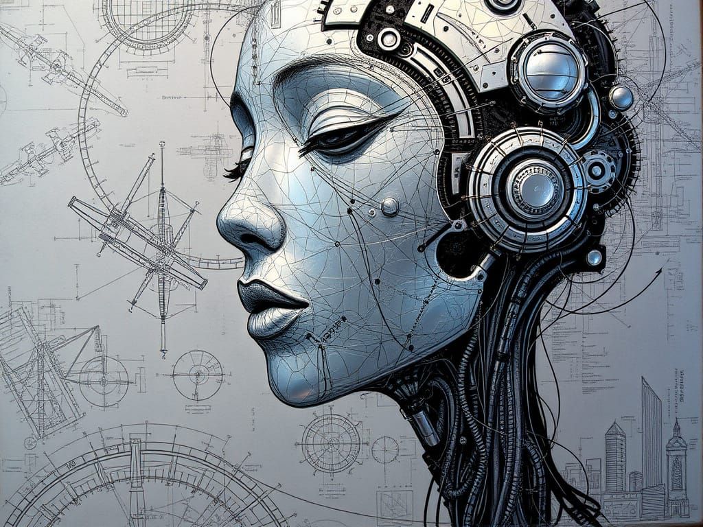 Biomechanical Cyborg Portrait in Encaustic Mixed Media