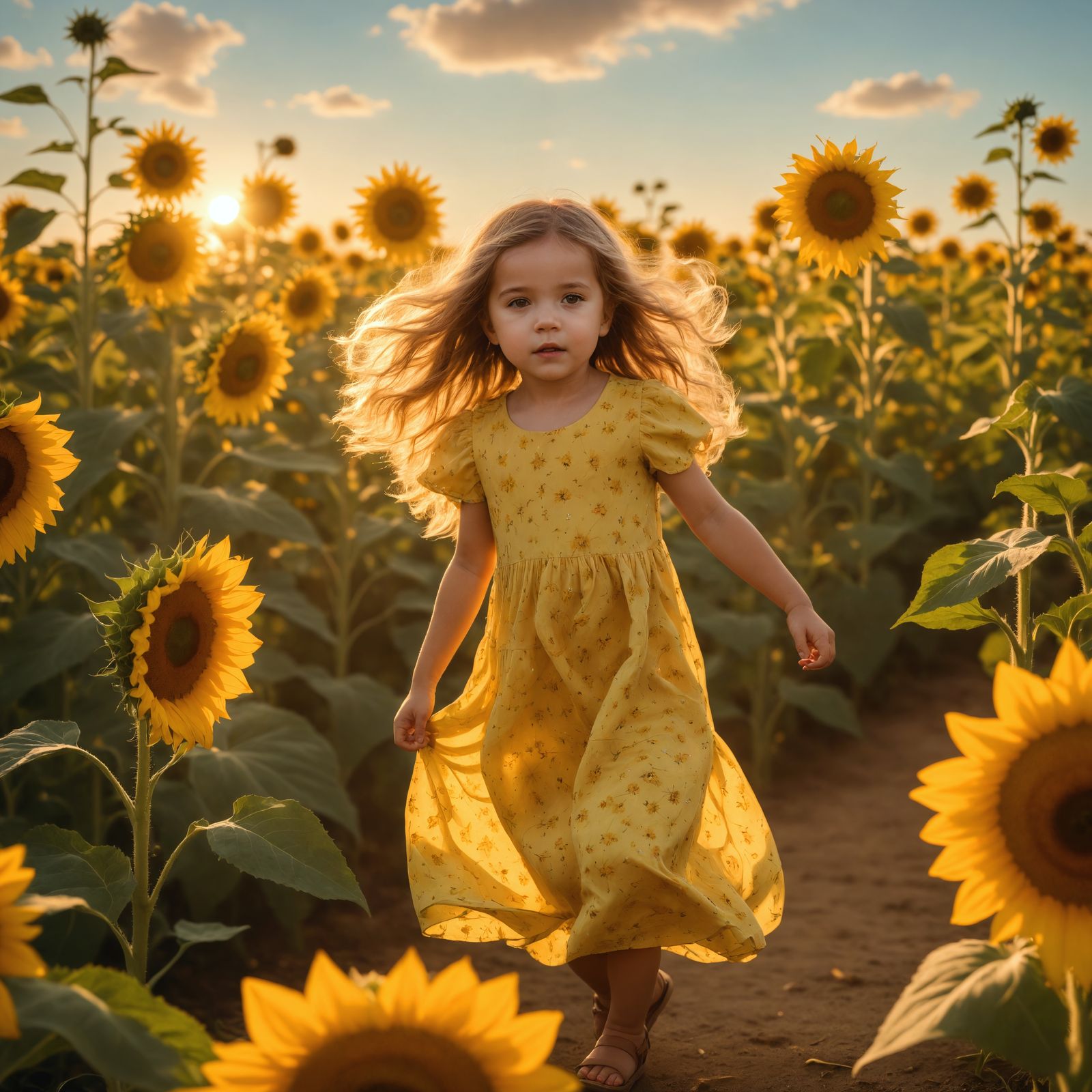 Toddler in Sunflower Field at Golden Hour