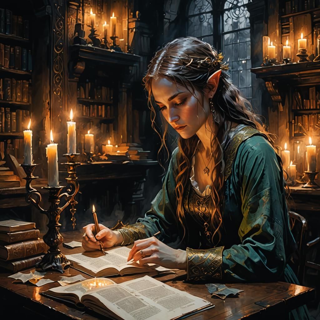 Elf Reads by Candlelight in Ancient Library