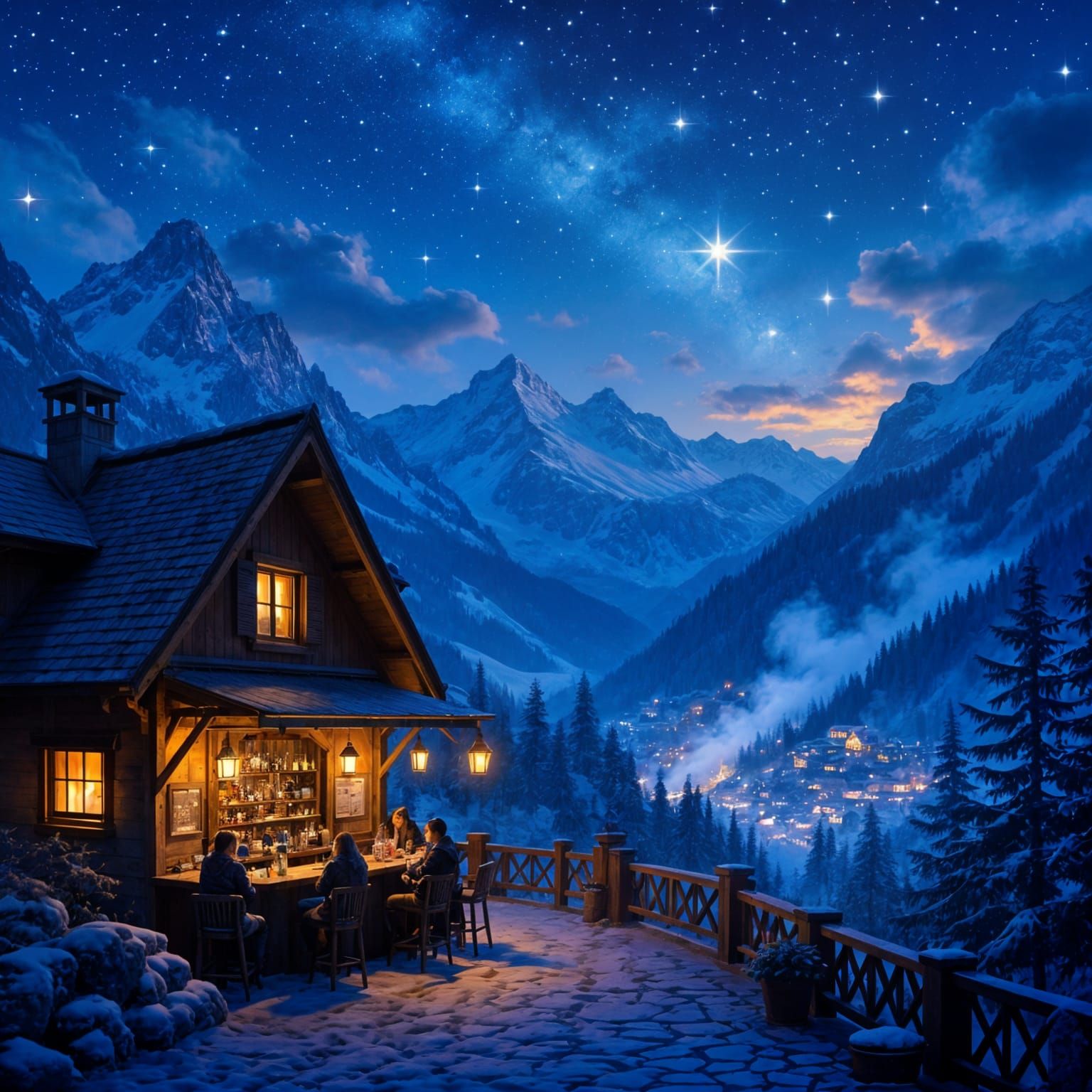 Cozy Mountain Nightcafe Bar with New Year's Ambiance