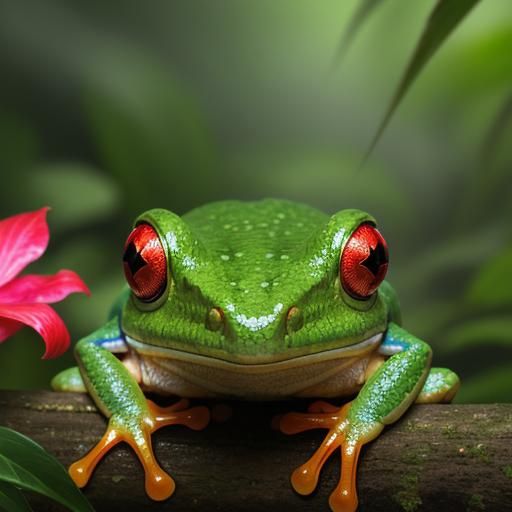 Red-Eyed Tree Frogs in Lush Rainforest, Watercolor Style