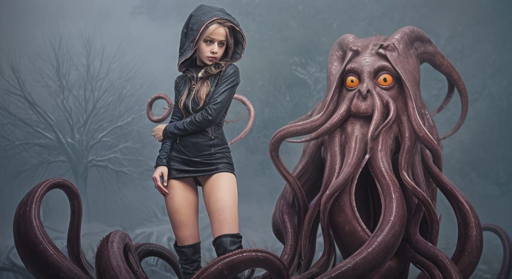 Mysterious Woman Surrounded by Tentacles in Mist