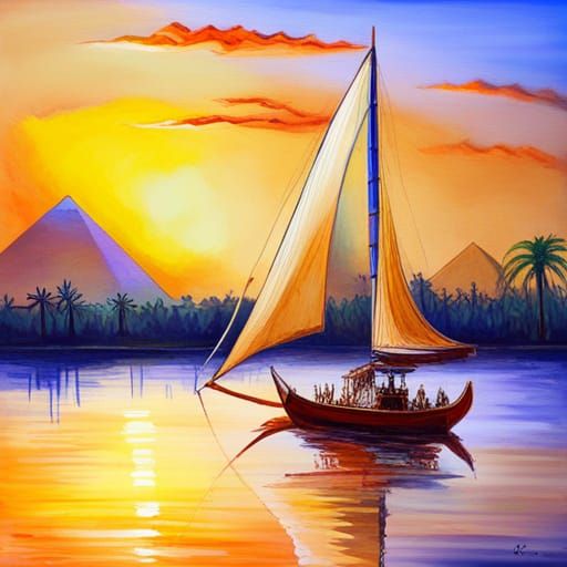 Egyptian Felucca on the Nile in Splash Art Style
