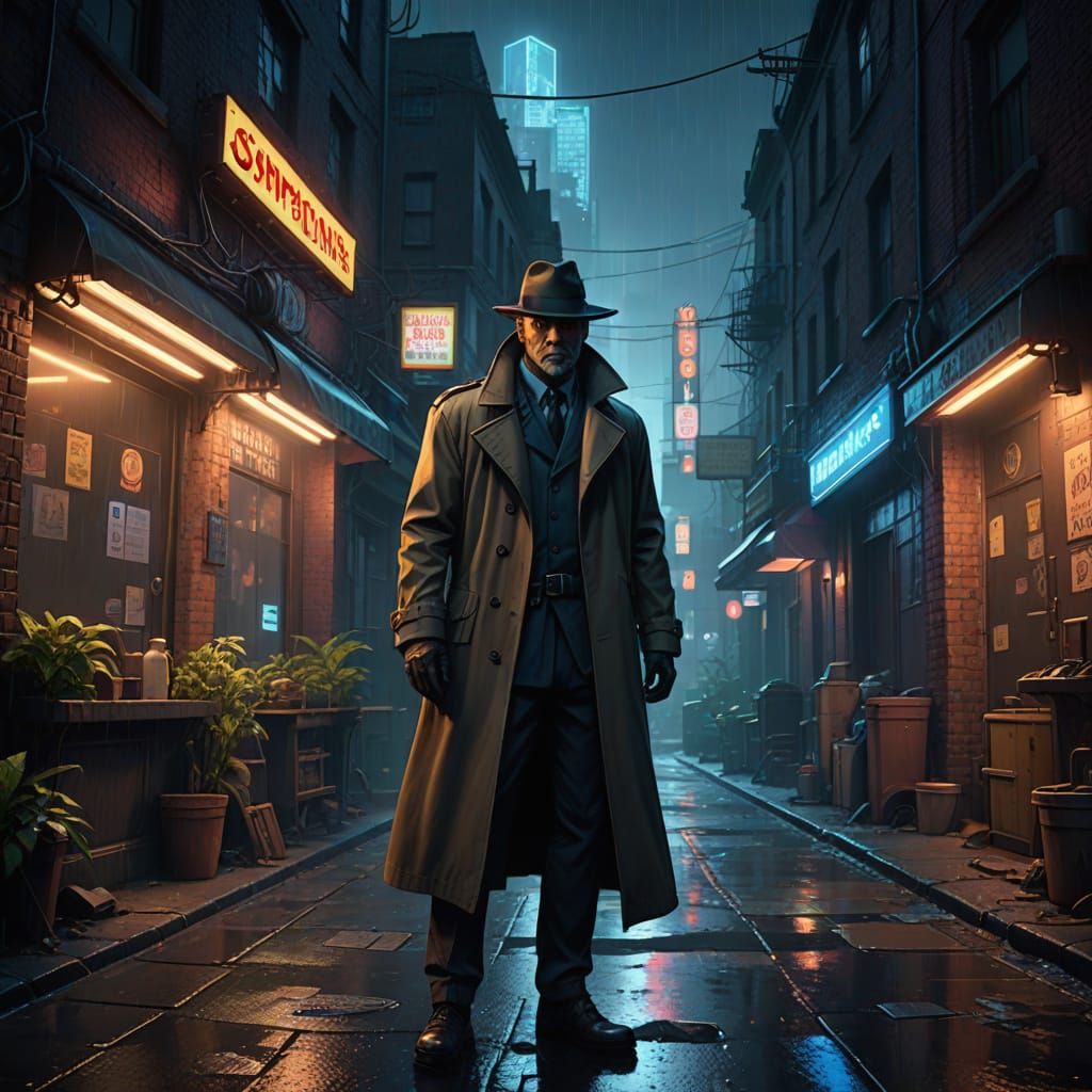 Gritty Detective in Neon Alleyway, Simpson's Style Cartoon