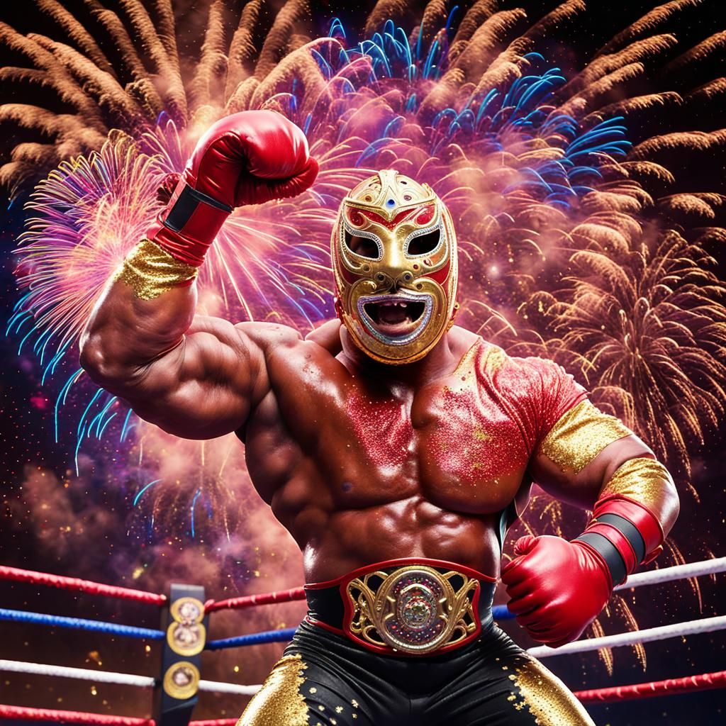 Tough Luchador Wrestler in Ring with Fireworks