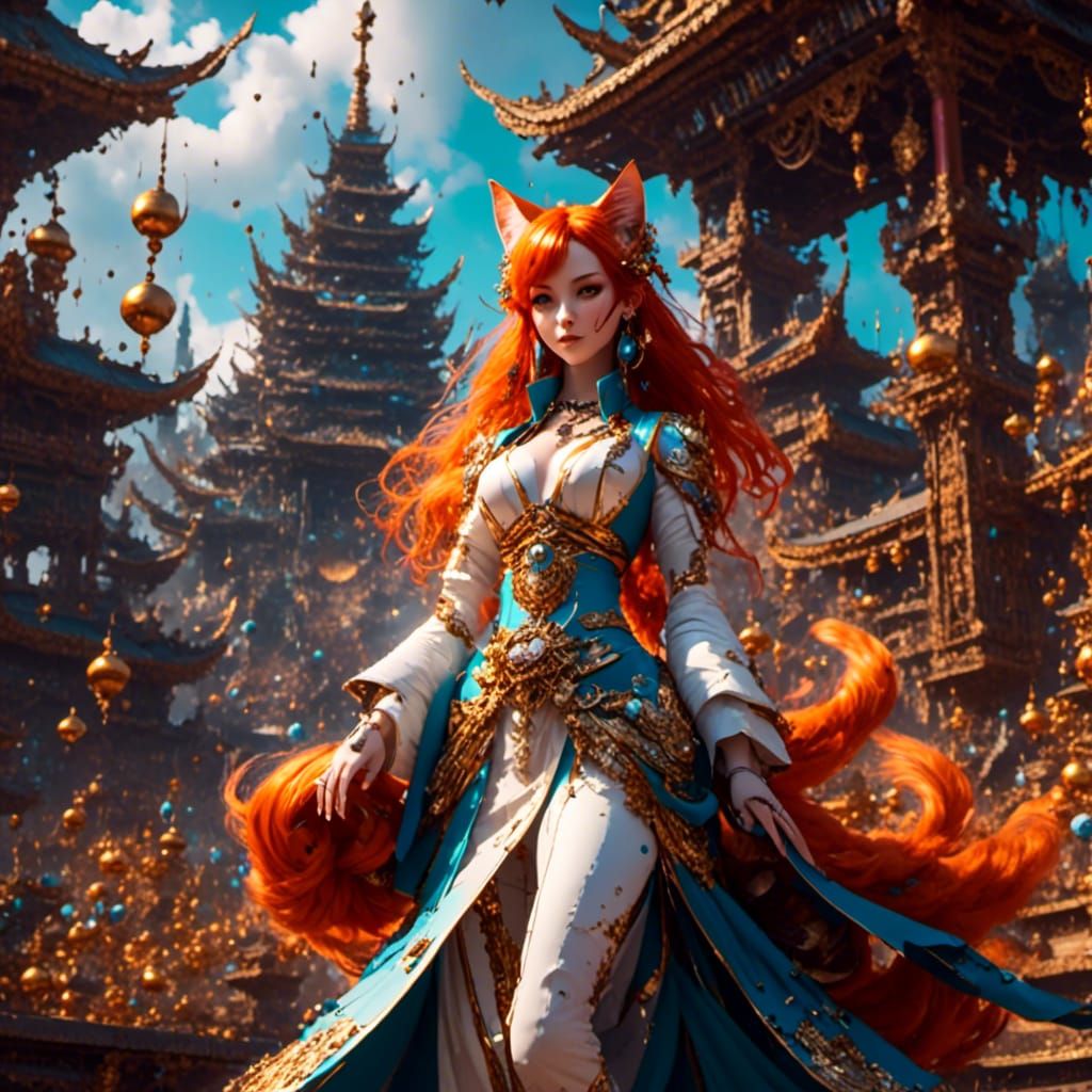 Anime Cat-Girl Priestess in a Fantasy Landscape