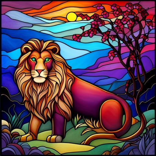 Stained Glass Lion Landscape in Tiffany Style