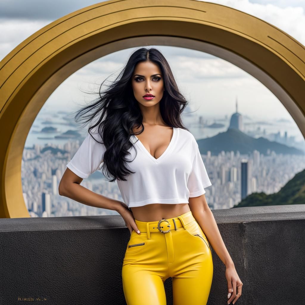 ‎", beautiful and elegant Brazilian woman, perfect body, yellow latex pants, white t-shirt, black hair, in a city in Bra...