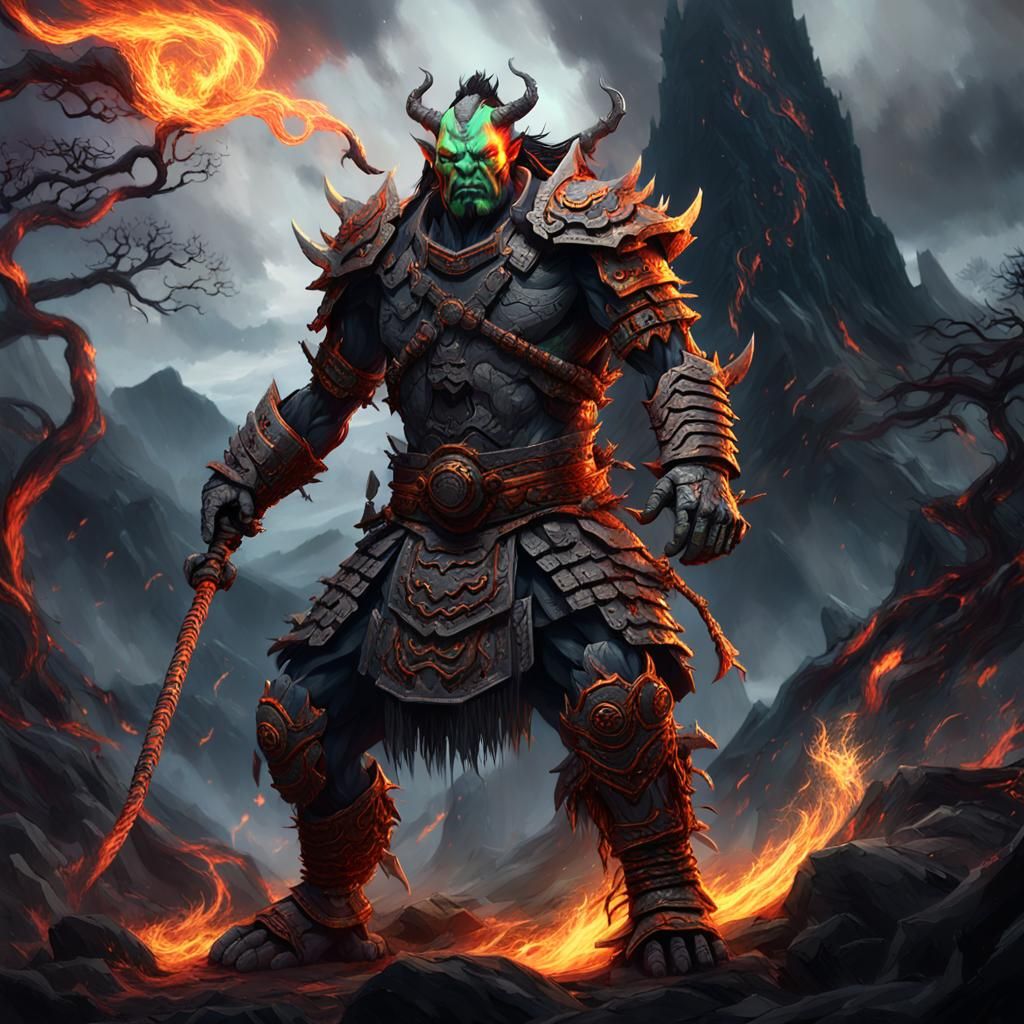Orc Samurai Shaman in Fiery Landscape: Anime 3D Art