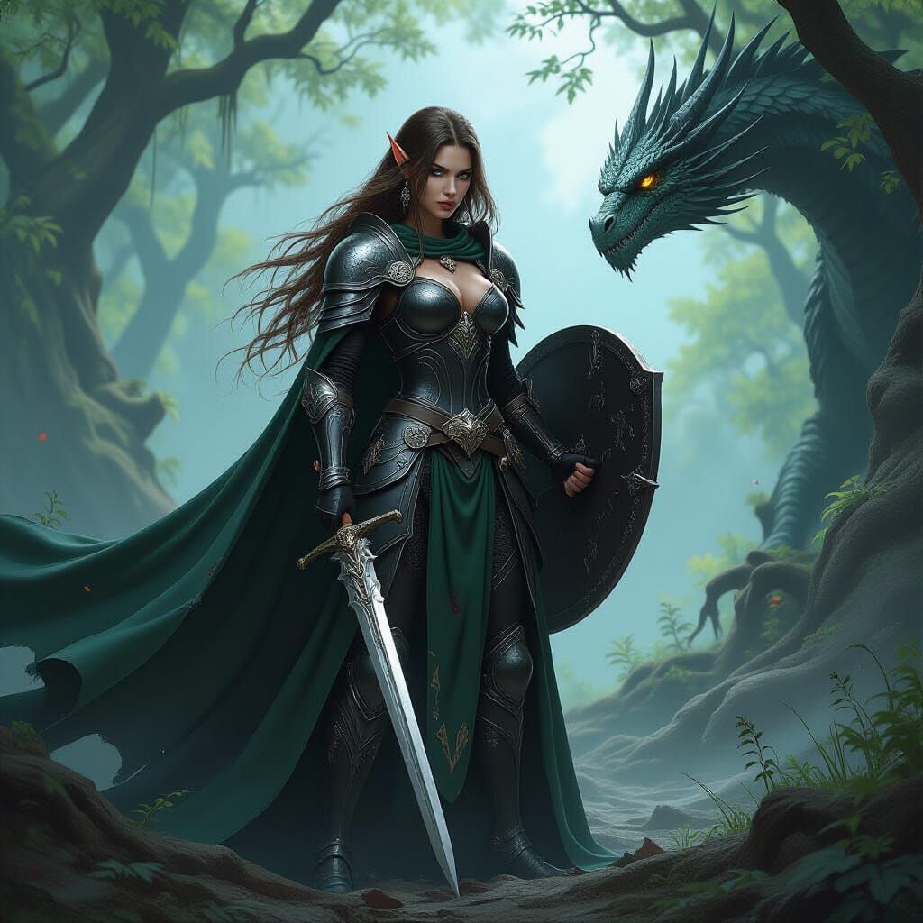 Moon Elf Warrior Fights Ancient Dragon in Fantasy Art