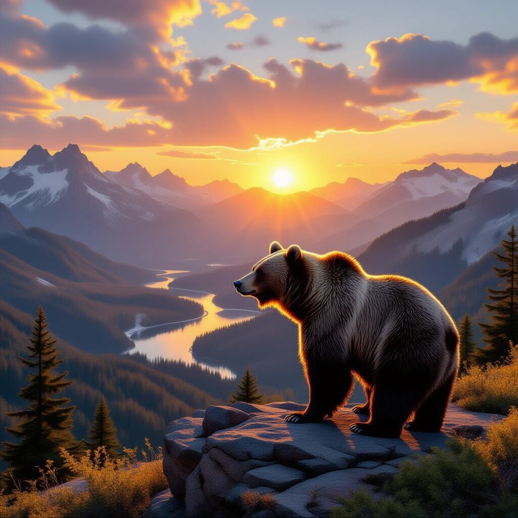 Majestic Grizzly Bear at Sunset in Wilderness