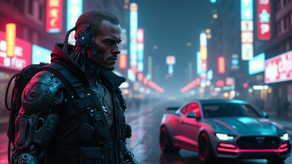Cyberpunk Man with Cybernetic Arms in Neon Street